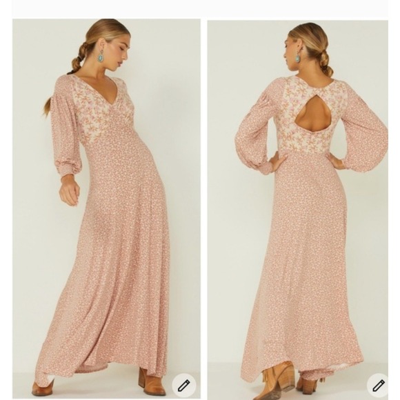 Free People Pink Floral Print Maxi Dress Back Cutout Long Sleeve Boho XL - Picture 2 of 12